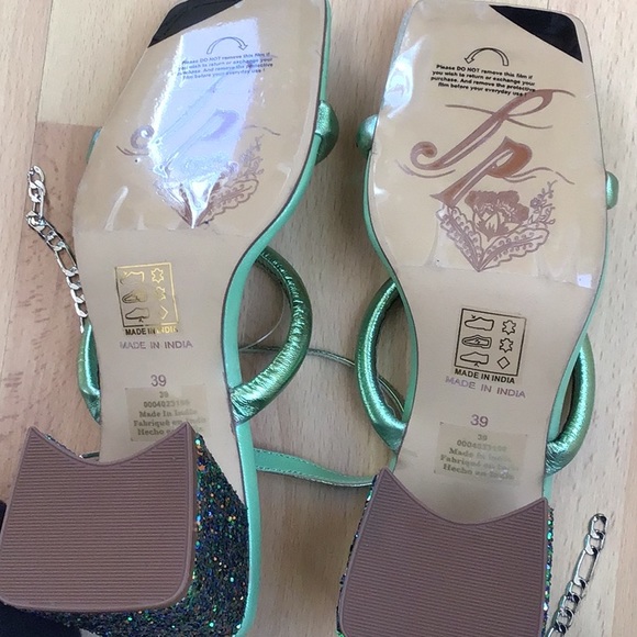Free People Parker Chain Heel Green Metallic Strappy Sandal Shoe Glitter - Picture 13 of 16